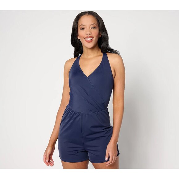 Denim&Co Other - Denim and Company Beach Faux Wrap Tank Swim Romper Size 20W Navy Blue Swimwear